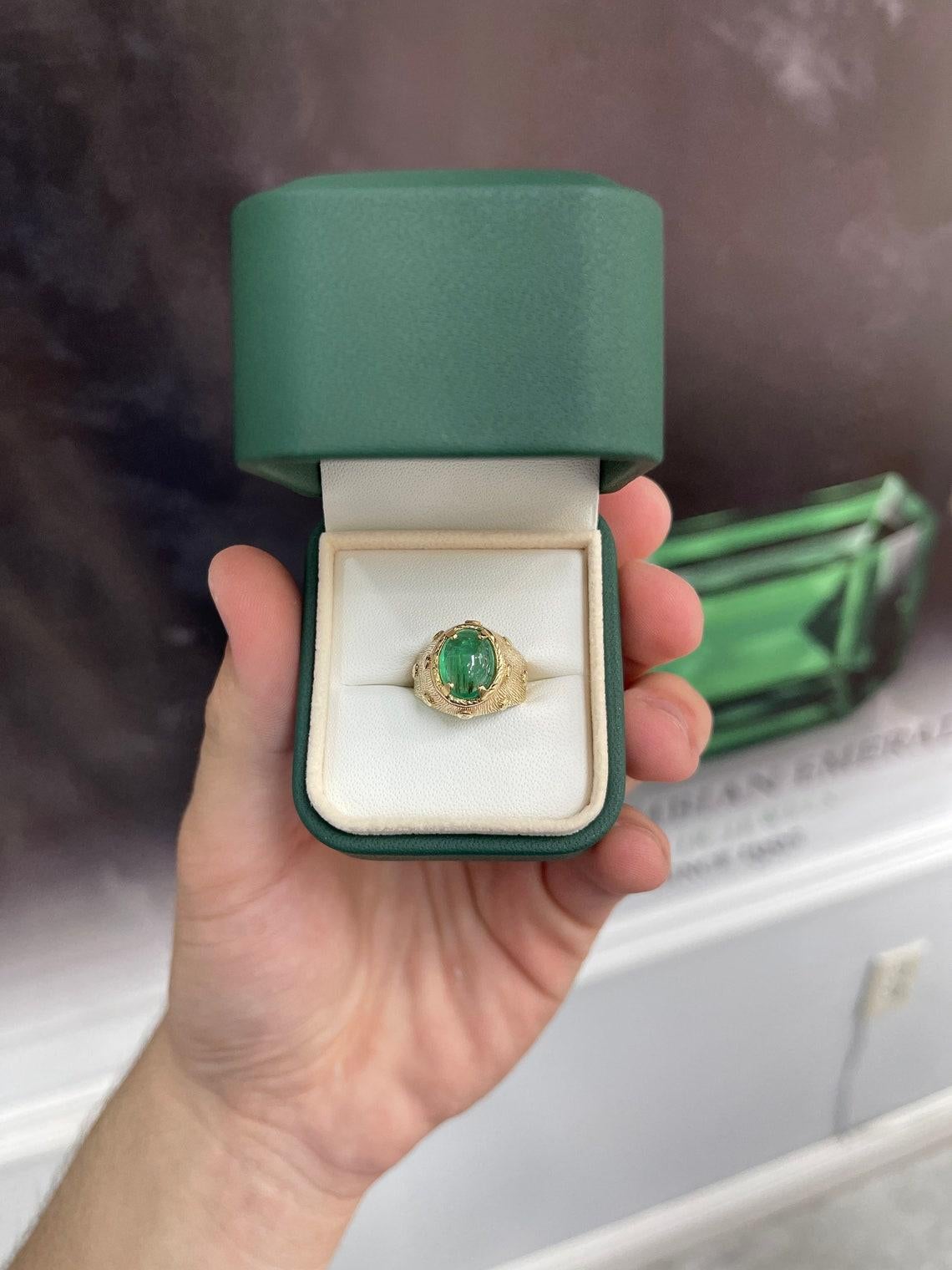 Bague solitaire en or jaune 14 carats avec émeraude cabochon de 3,13 carats, déclaration rose en vente 1