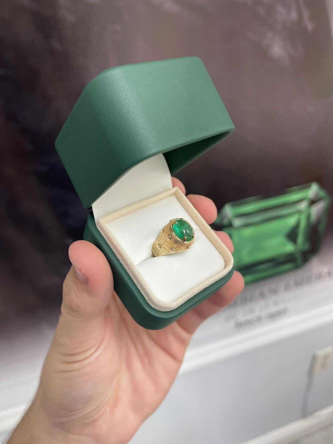 Bague solitaire en or jaune 14 carats avec émeraude cabochon de 3,13 carats, déclaration rose en vente 2