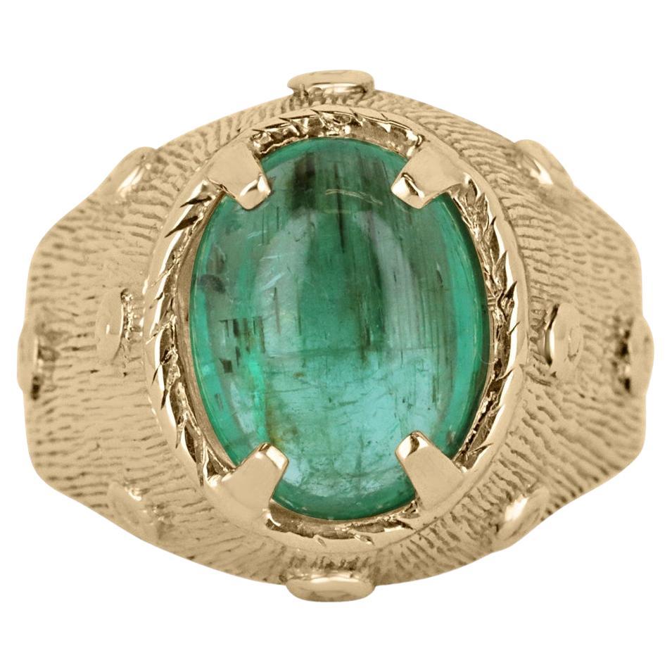 14K Gold 3.13cts Cabochon Emerald Solitaire Ring, Yellow Gold Pinky Statement