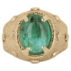14K Gold 3.13cts Cabochon Emerald Solitaire Ring, Yellow Gold Pinky Statement