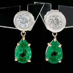14k Gold 3.31ct GIA Pear Emerald Bezel Old European Diamond Drop Dangle Earrings