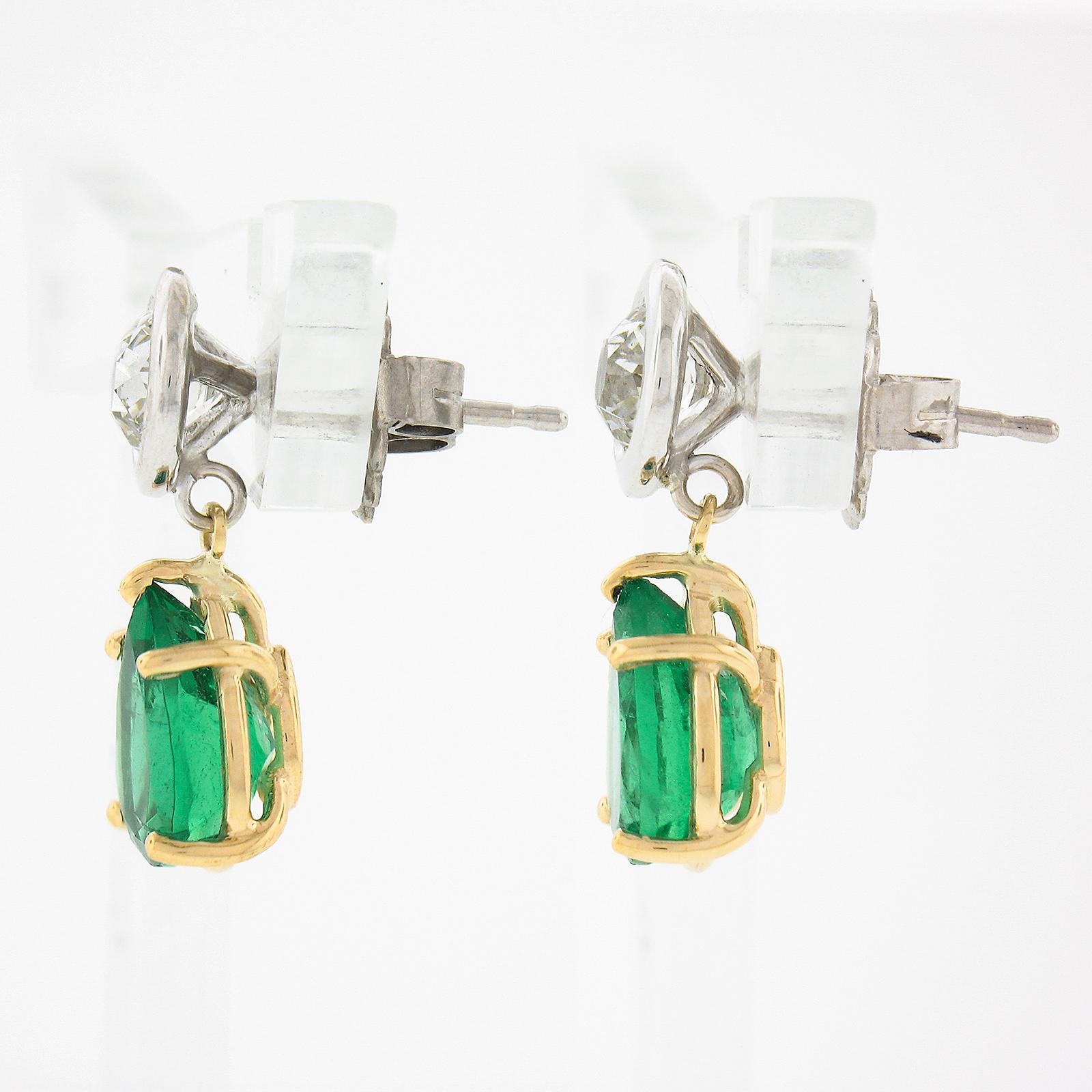 Pear Cut 14k Gold 3.31ct GIA Pear Emerald Bezel Old European Diamond Drop Dangle Earrings For Sale