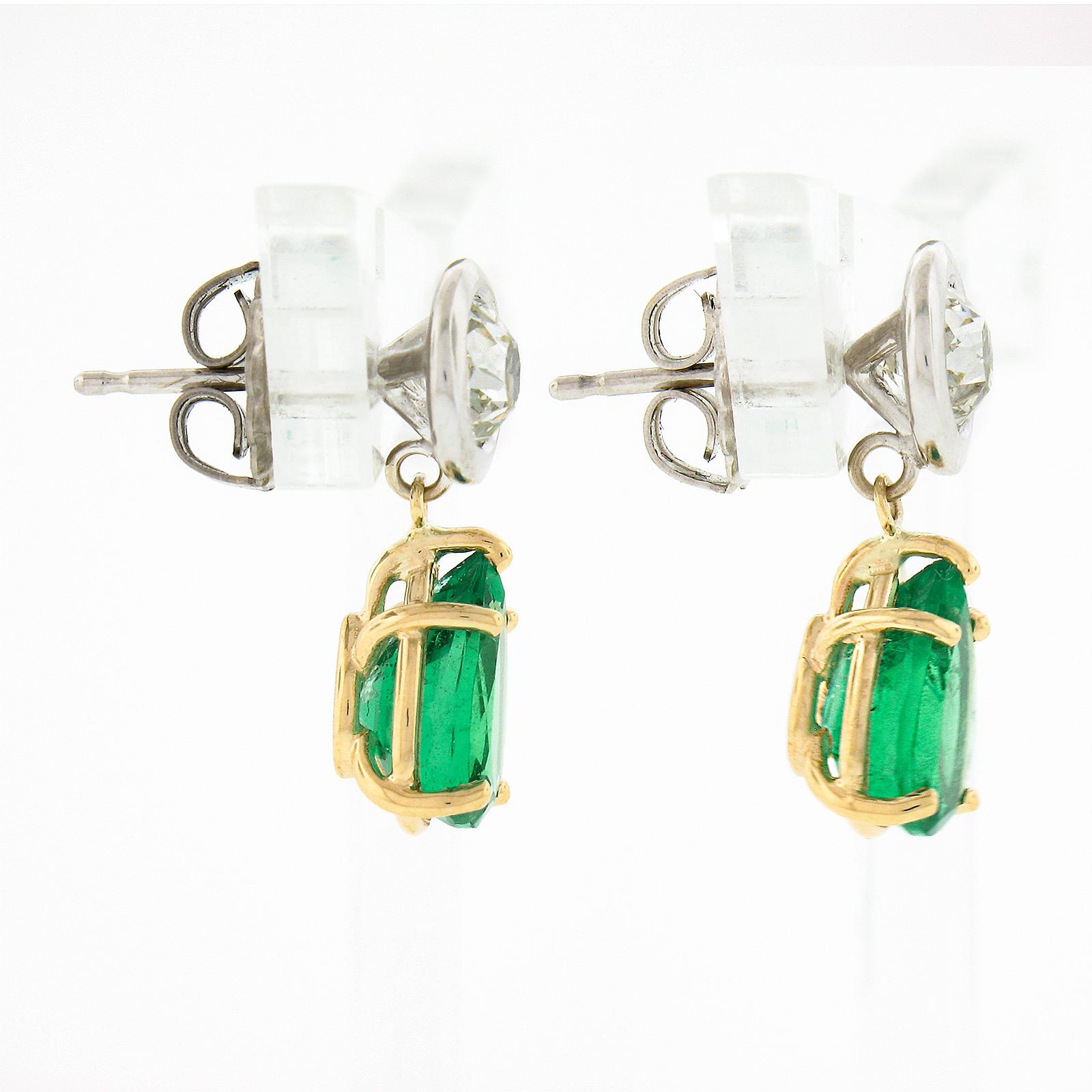 14k Gold 3.31ct GIA Pear Emerald Bezel Old European Diamond Drop Dangle Earrings In New Condition For Sale In Montclair, NJ