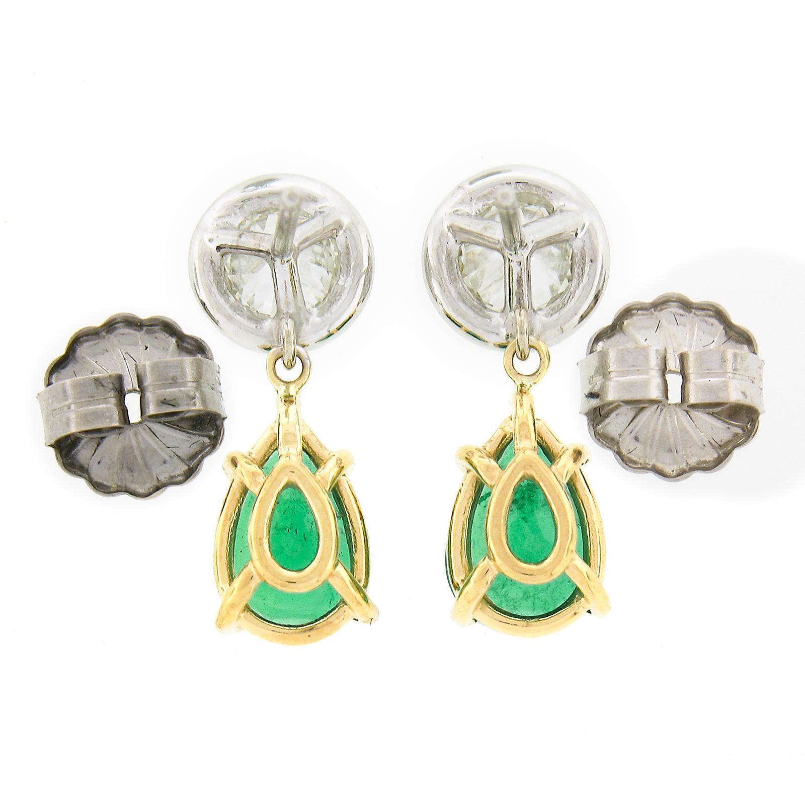 Women's 14k Gold 3.31ct GIA Pear Emerald Bezel Old European Diamond Drop Dangle Earrings For Sale