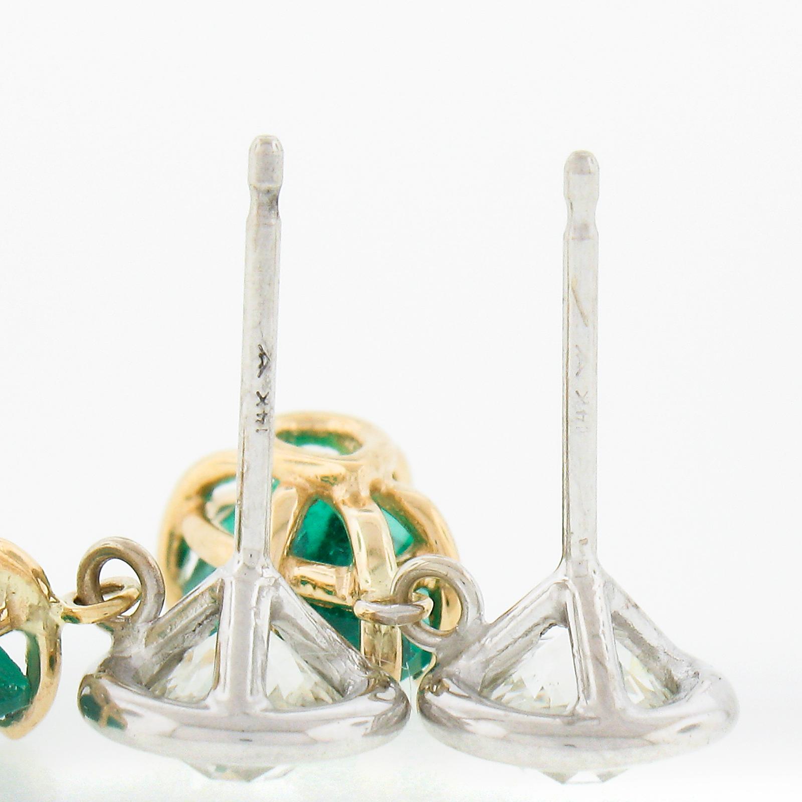14k Gold 3.31ct GIA Pear Emerald Bezel Old European Diamond Drop Dangle Earrings For Sale 1