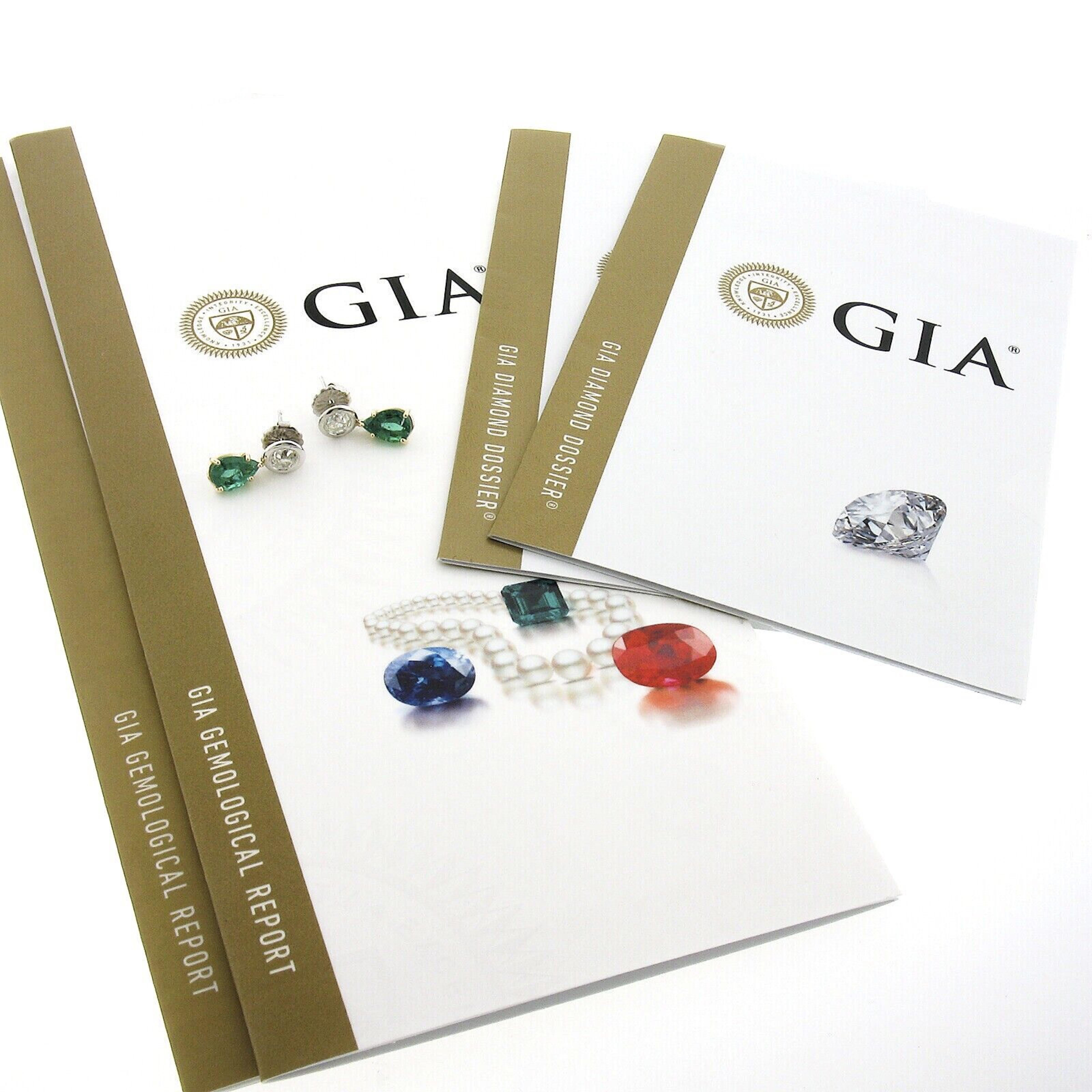 14k Gold 3.31ct GIA Pear Emerald Bezel Old European Diamond Drop Dangle Earrings For Sale 2