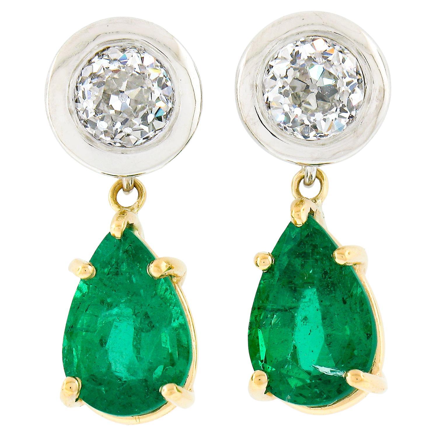 14k Gold 3.31ct GIA Pear Emerald Bezel Old European Diamond Drop Dangle Earrings For Sale