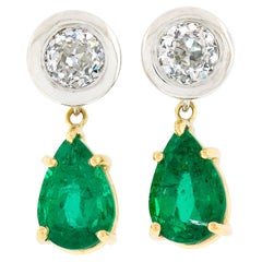 14k Gold 3.31ct GIA Pear Emerald Bezel Old European Diamond Drop Dangle Earrings