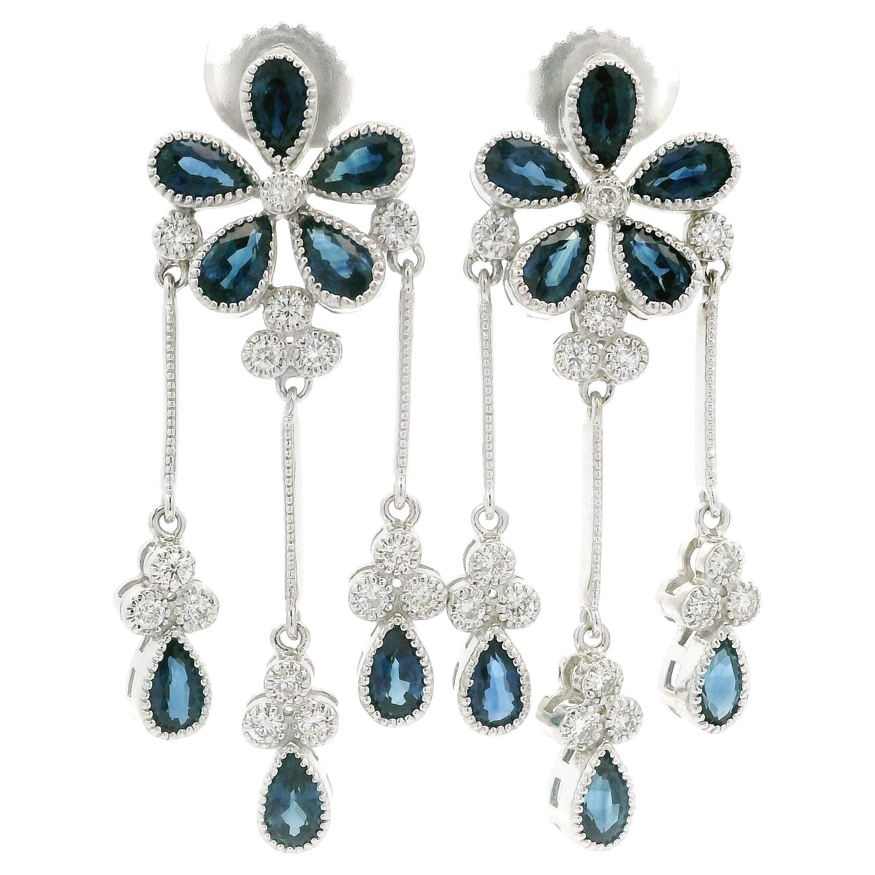 14k Gold 3.45ctw Sapphire & Diamond Milgrain Floral Dangle Chandelier Earrings
