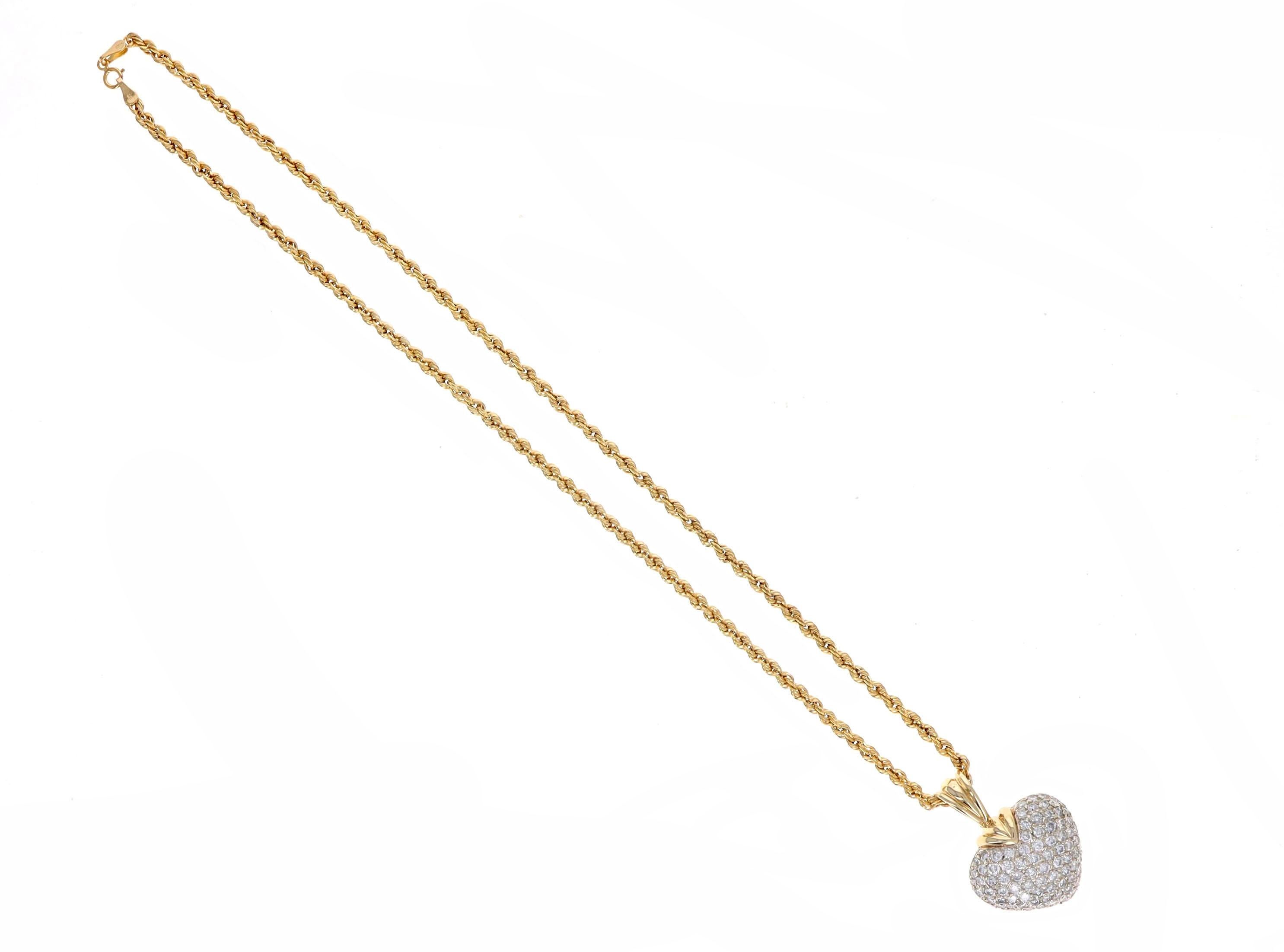 Round Cut 14K Gold 3.5 Carat Total Weight Round Brilliant Diamond Pave Heart Necklace