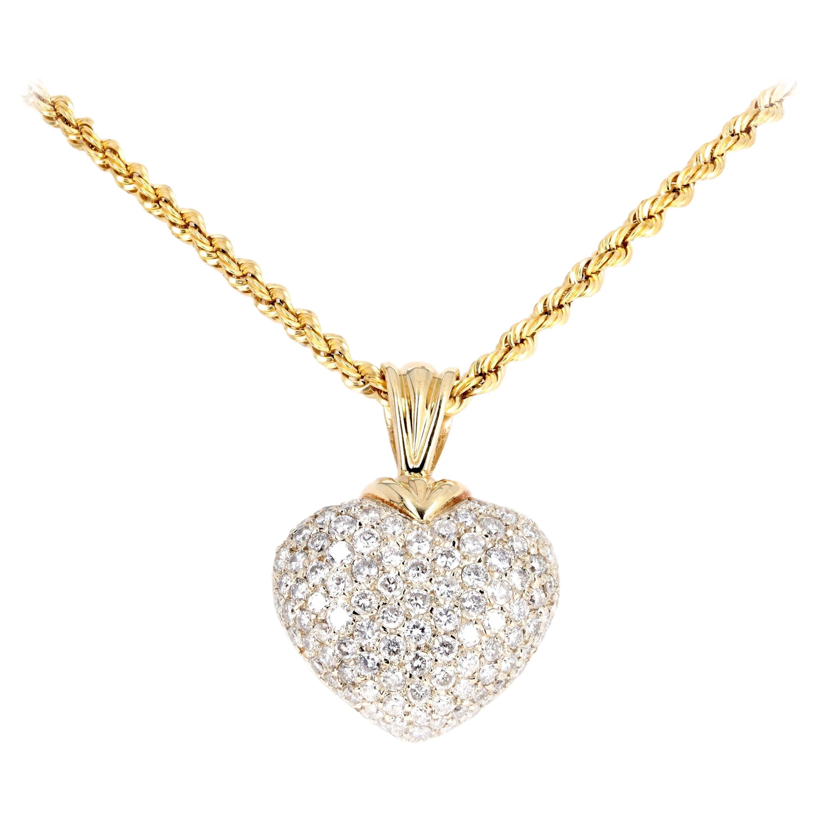 14K Gold 3.5 Carat Total Weight Round Brilliant Diamond Pave Heart Necklace