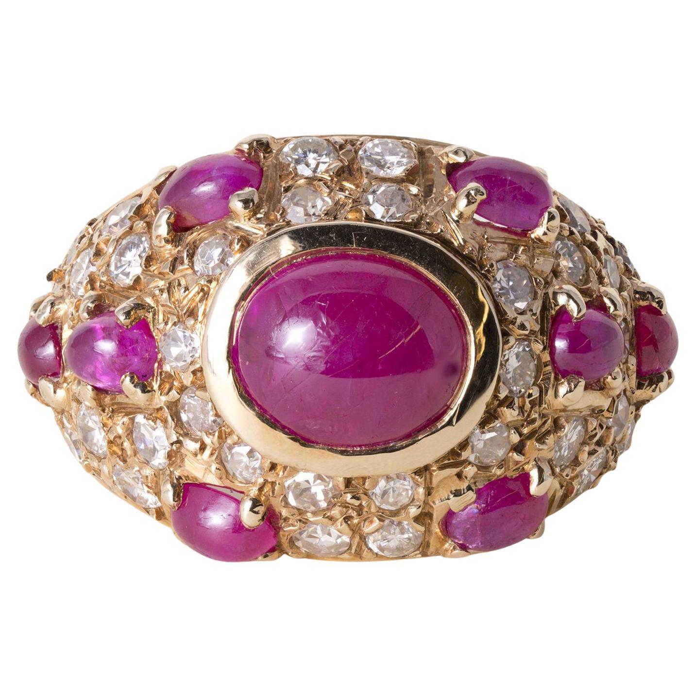 14K Gold 3.5 Carats Ruby Cabochon and Diamond Dome Ring For Sale