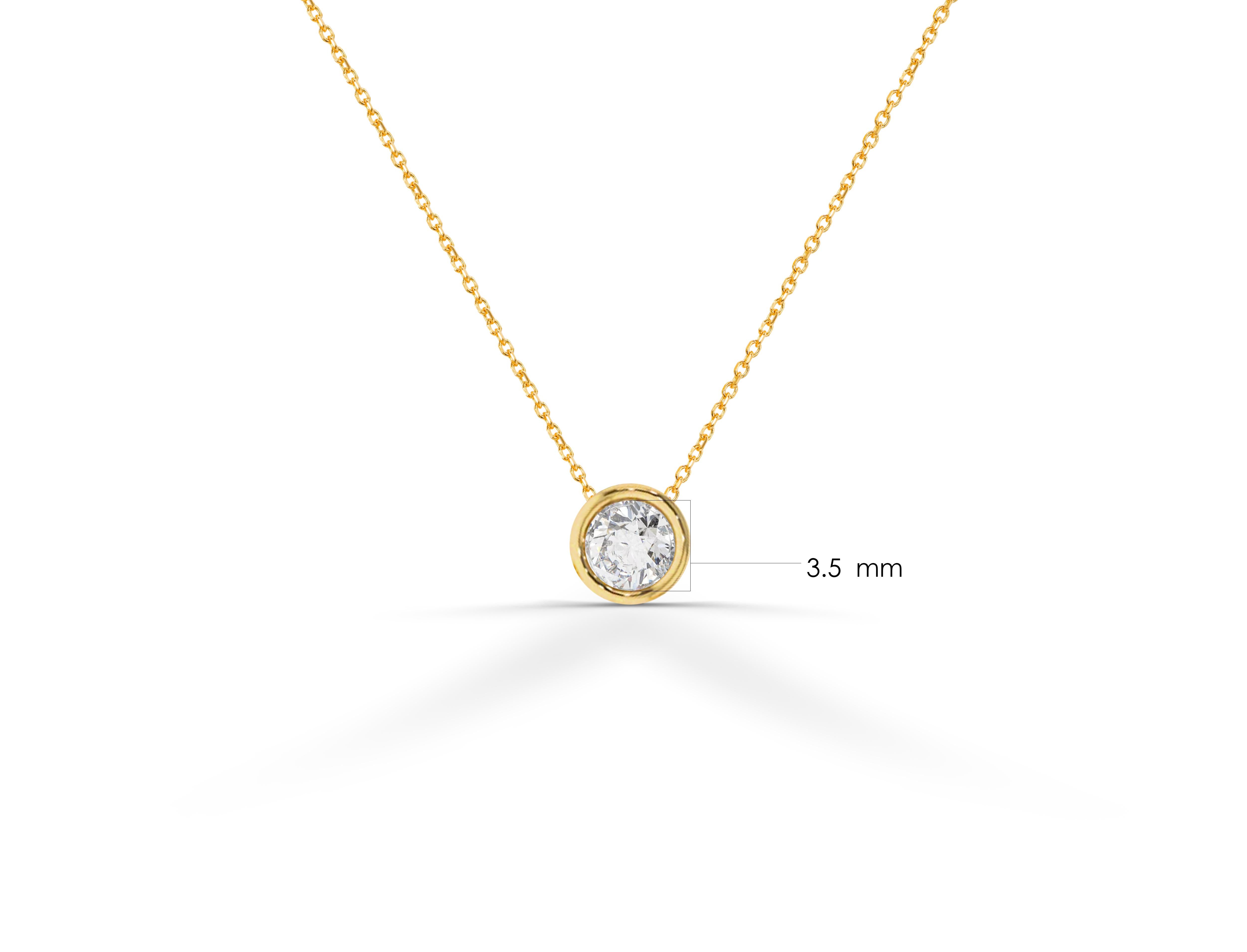 Diamond Solitaire Necklace is made of 14k solid gold available in three colors, White Gold / Rose Gold / Yellow Gold.

Brilliant white sparkly natural diamond bezel set hanging in center of a thin dainty gold chain a perfect choice for everyday