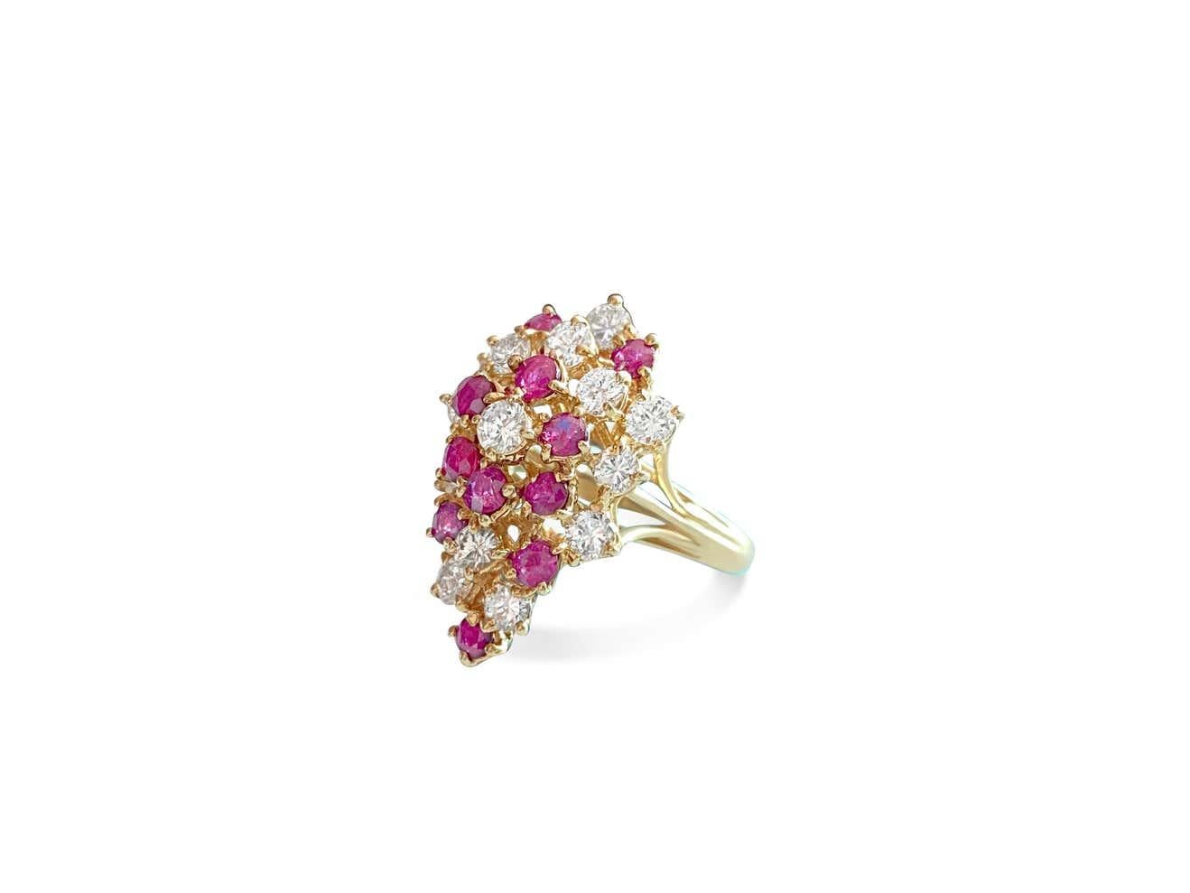 14K Yellow Gold. 1.50 ct natural Burma ruby, round cut. 2.00-carat diamonds; VS clarity and F color. Round brilliant cut. All stones are set in a prong setting. All stones are 100% natural and earth-mined. Certified by GIA graduate gemologist, AGI