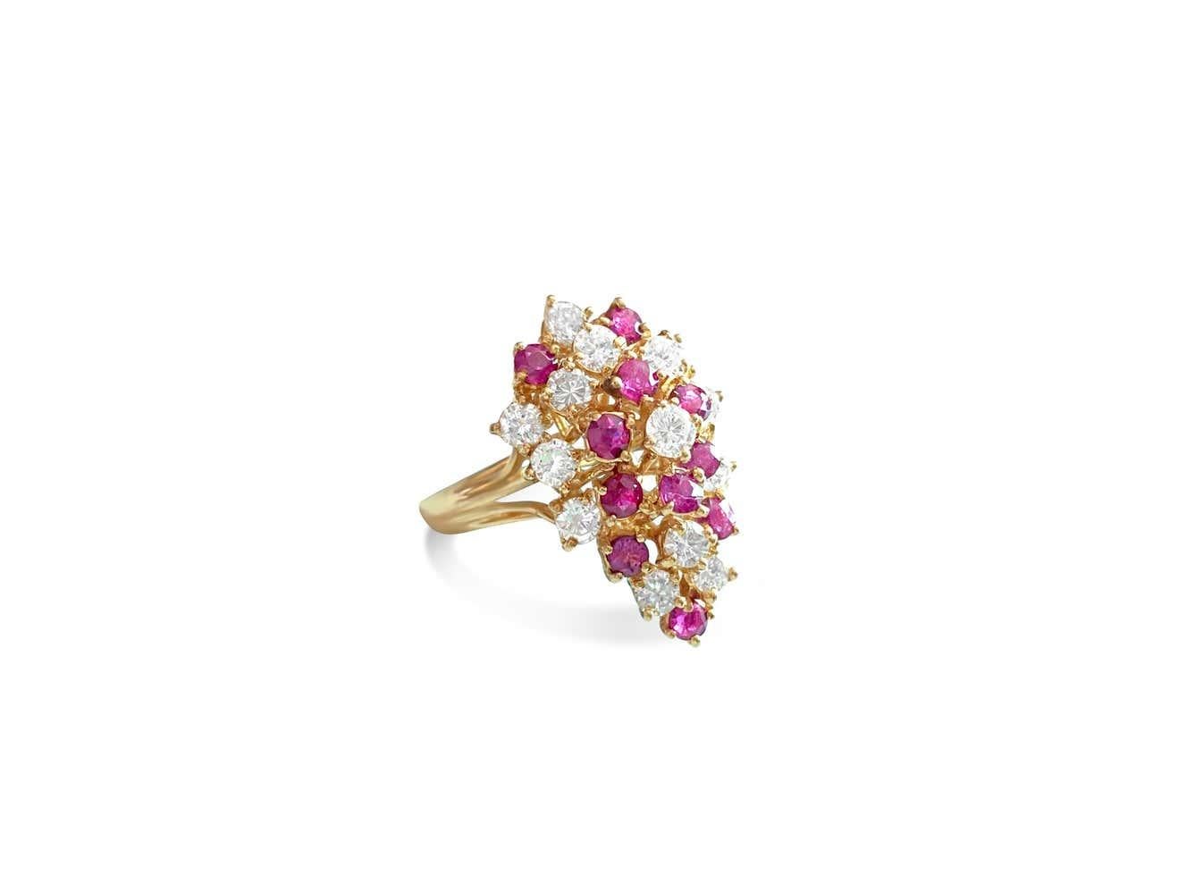 Round Cut 14k Gold, 3.50 Carat Diamond & Ruby Cocktail Ring For Sale