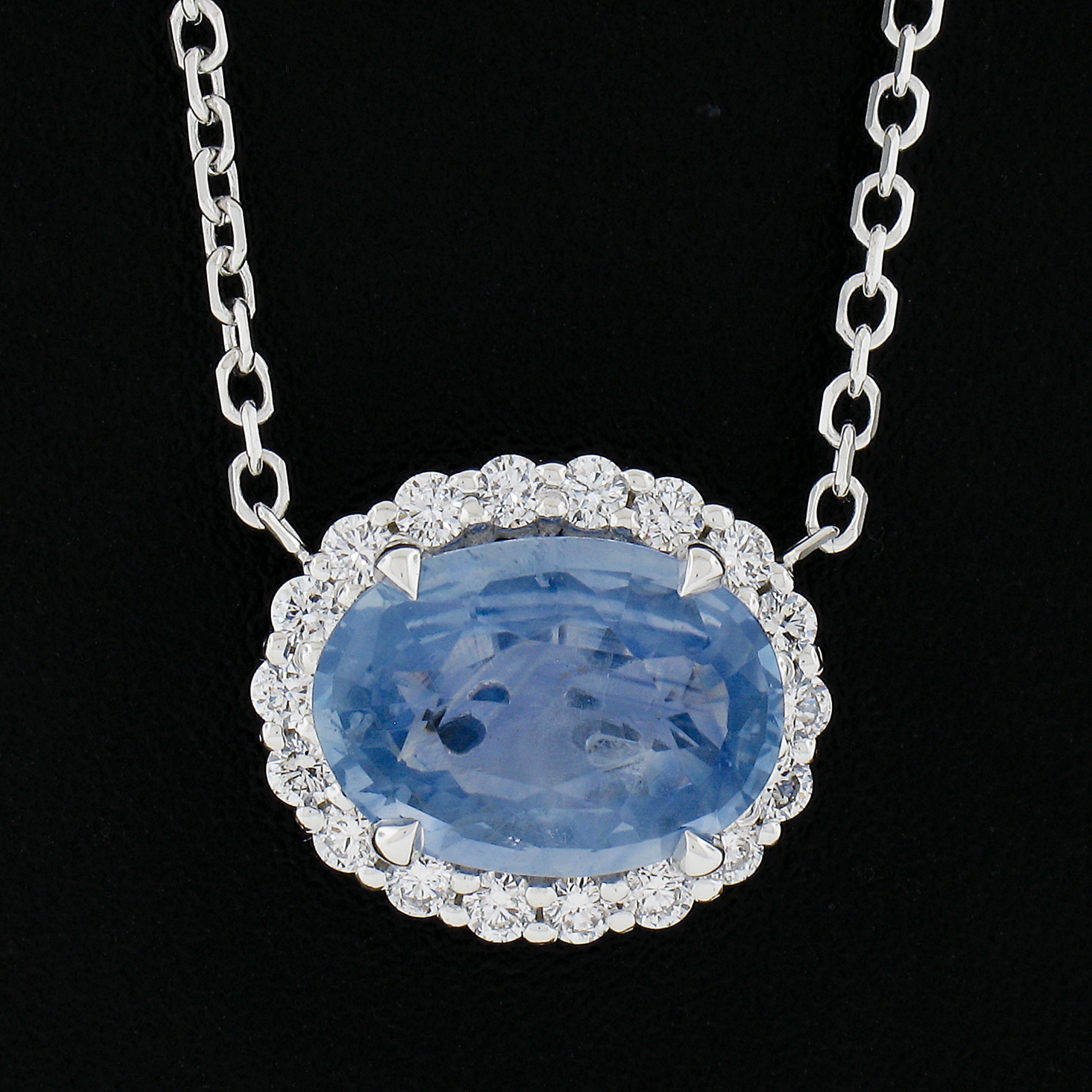 Oval Cut 14K Gold 3.52ctw GIA No Heat Oval Blue Sapphire Diamond Halo Pendant Necklace For Sale