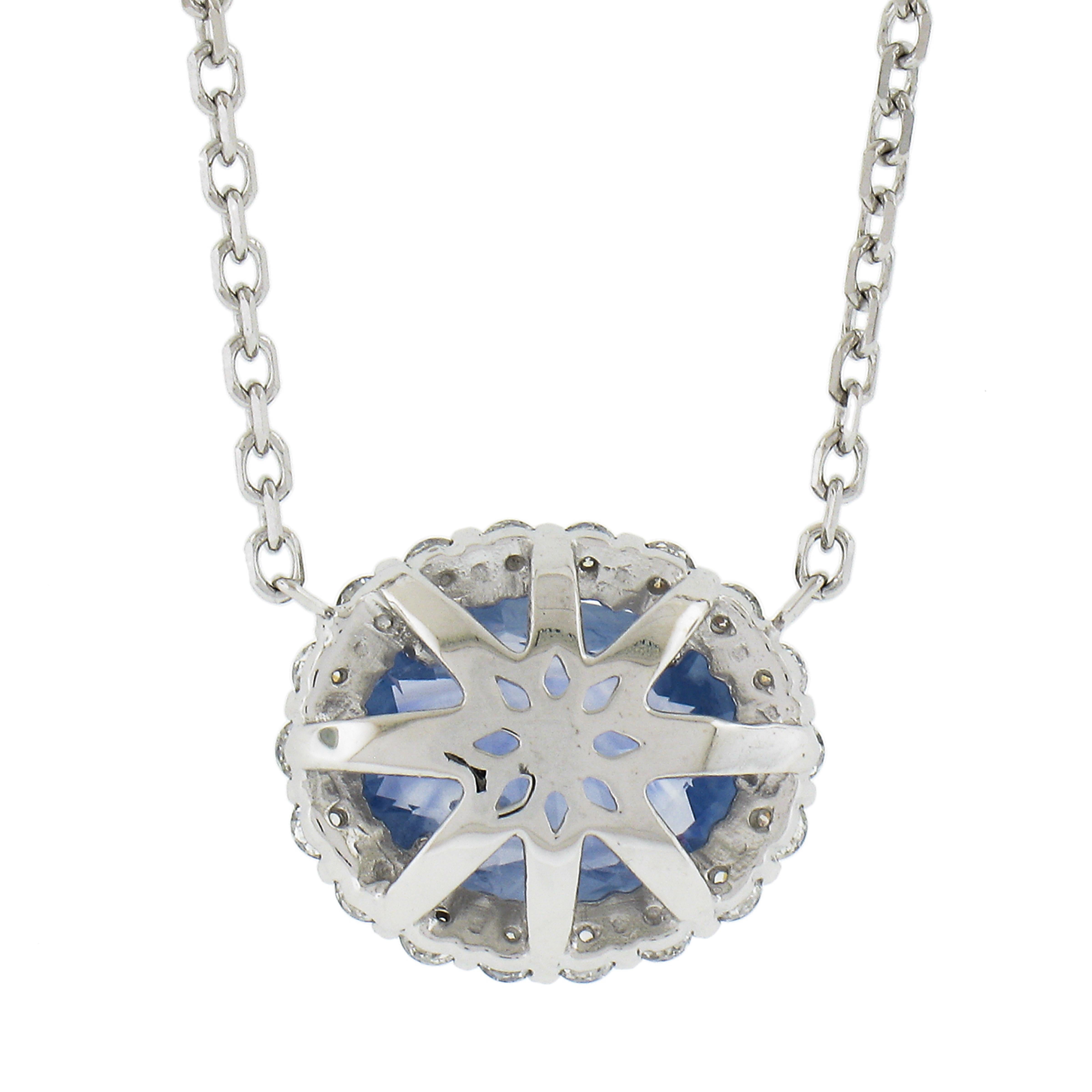 14K Gold 3.52ctw GIA No Heat Oval Blue Sapphire Diamond Halo Pendant Necklace For Sale 1