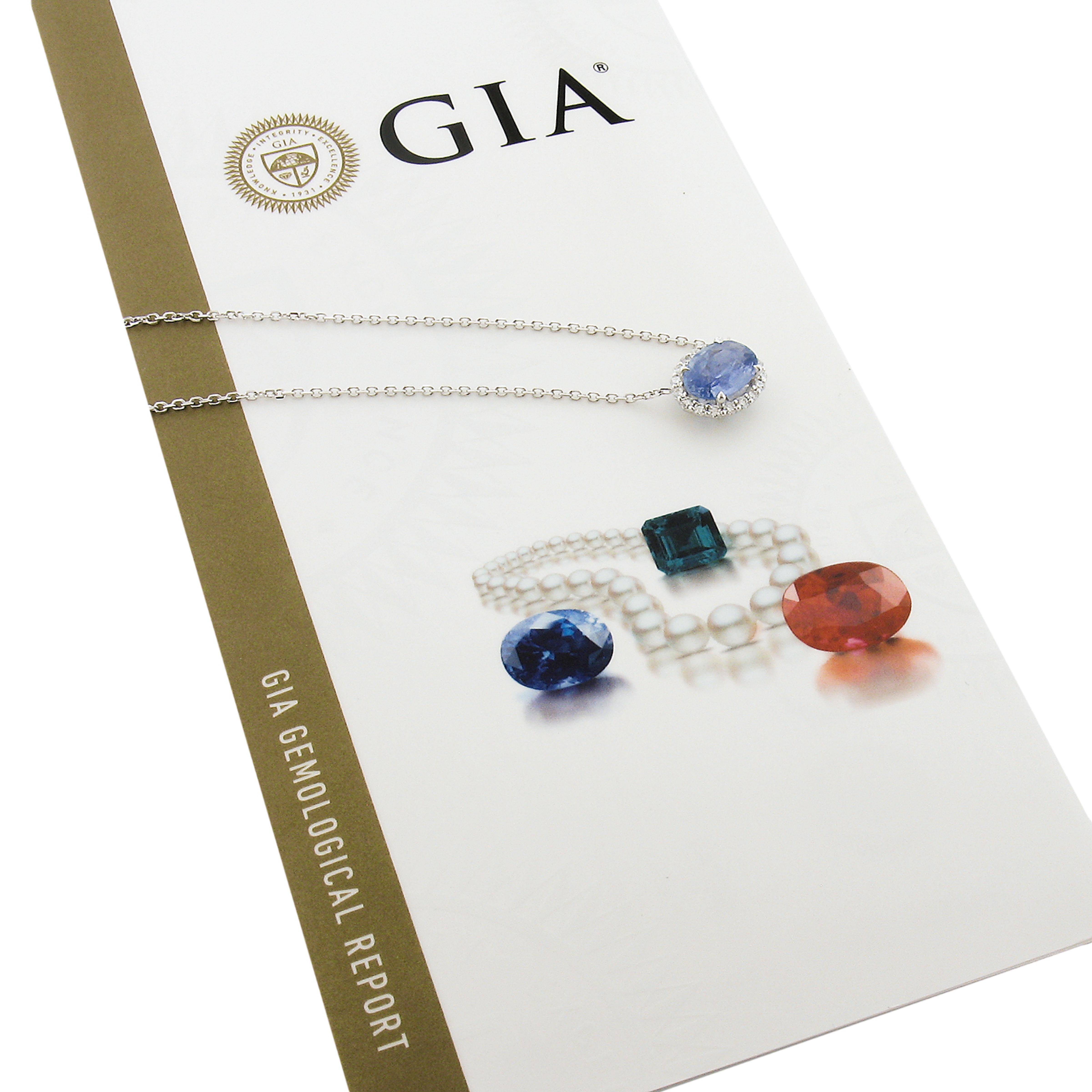 14K Gold 3.52ctw GIA No Heat Oval Blue Sapphire Diamond Halo Pendant Necklace For Sale 3
