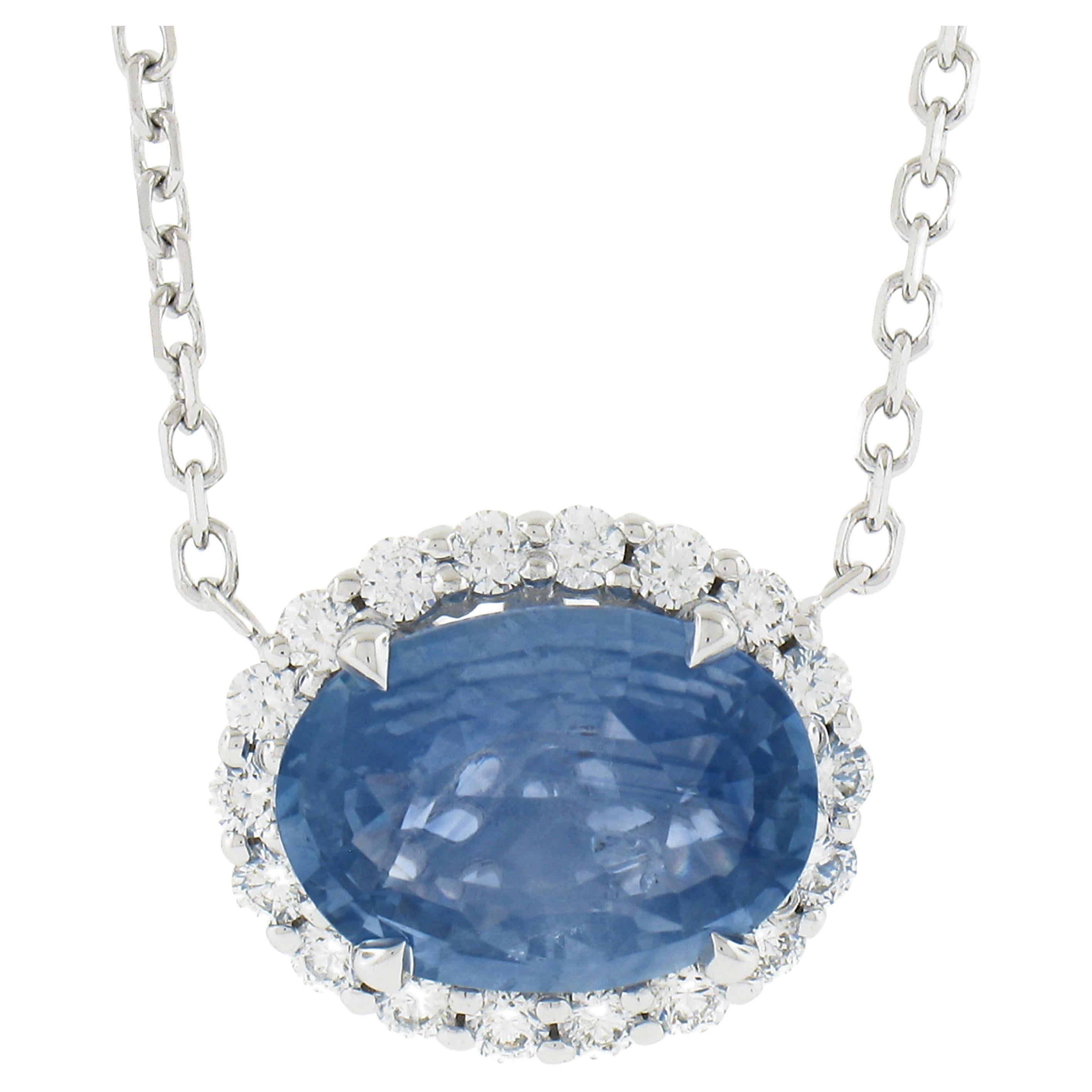14K Gold 3.52ctw GIA No Heat Oval Blue Sapphire Diamond Halo Pendant Necklace For Sale