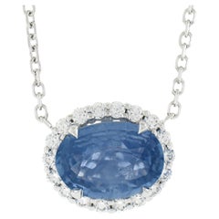 14K Gold 3.52ctw GIA No Heat Oval Blue Sapphire Diamond Halo Pendant Necklace
