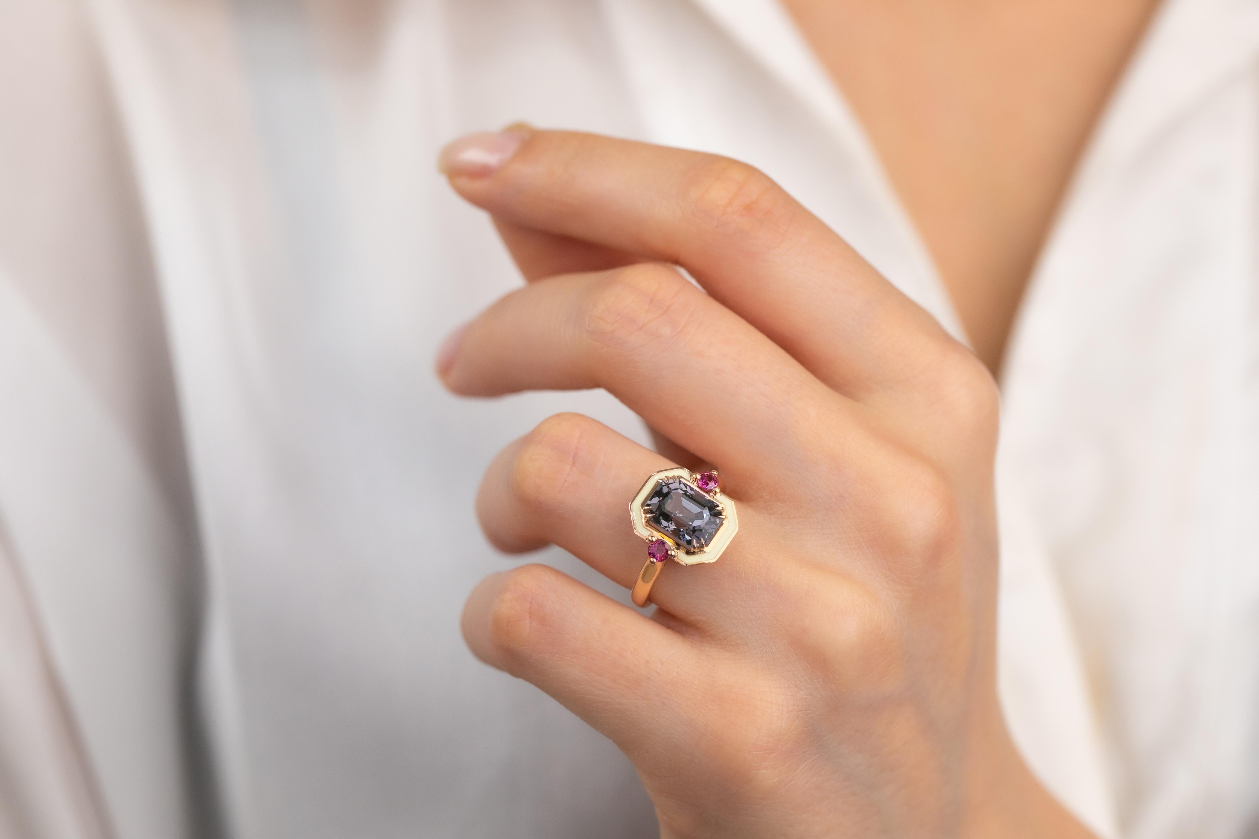 For Sale:  14K Gold 3.65 Ct Radiant Cut Spinal & Ruby Enameled Cocktail Ring 7
