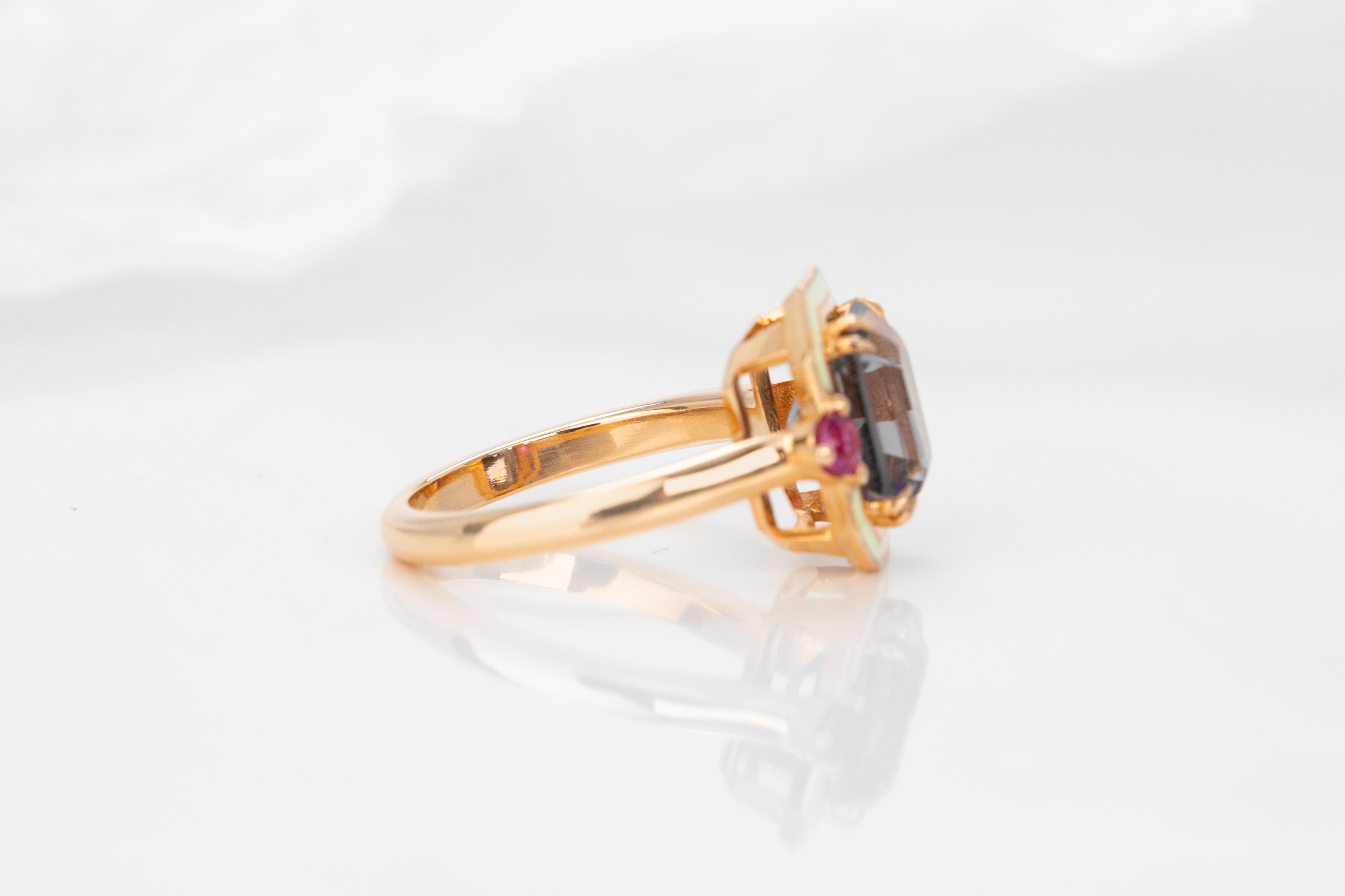 For Sale:  14K Gold 3.65 Ct Radiant Cut Spinal & Ruby Enameled Cocktail Ring 9