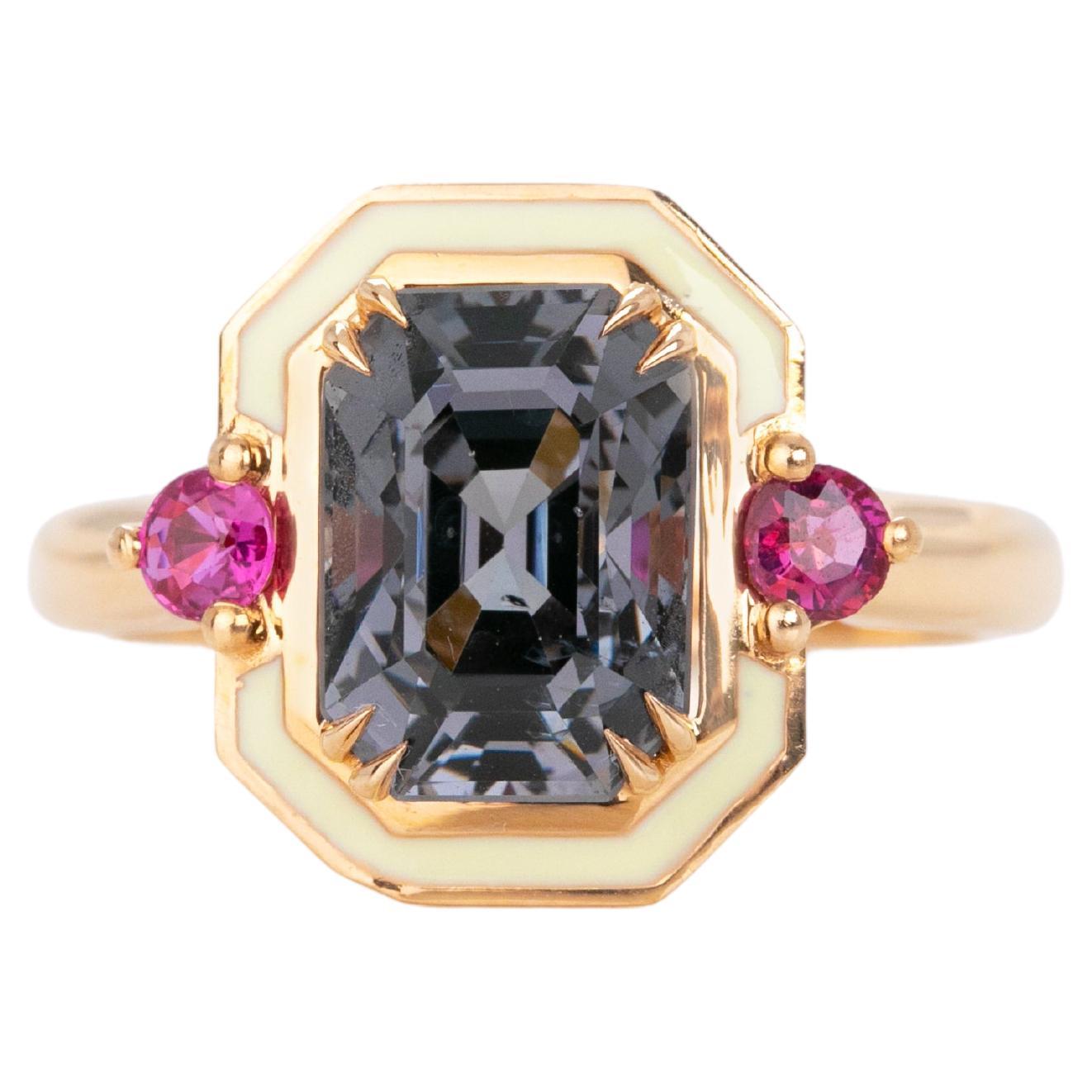 14K Gold 3.65 Ct Radiant Cut Spinal & Ruby Enameled Cocktail Ring