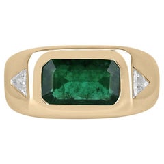 Anello con tre pietre in oro 14K con smeraldo verde foresta e diamante trillion da 3,75tcw