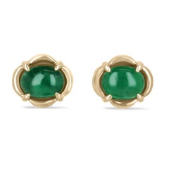 14K Gold 3.85tcw Dark Green Natural Oval Shaped Cabochon Emerald Earring Studs