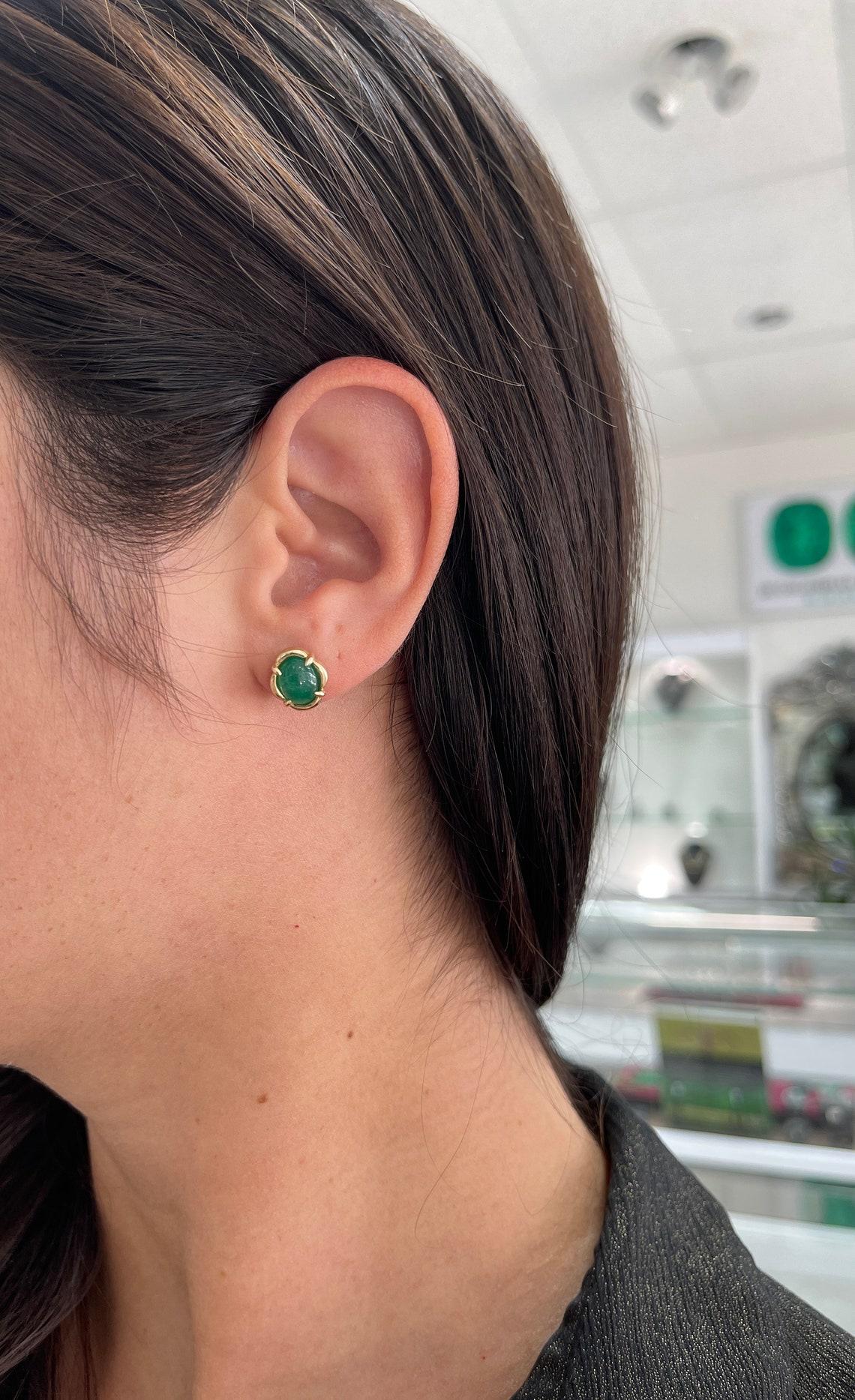 Modern 14K Gold 3.85tcw Dark Green Natural Oval Shaped Cabochon Emerald Earring Studs For Sale