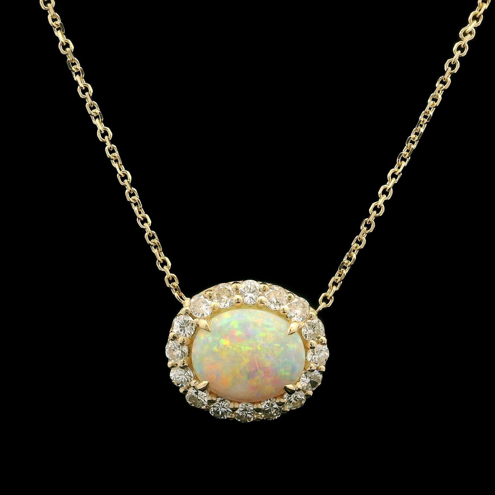 14k Gold 3.95ct Australian Opal Diamond Halo Pendant 18
