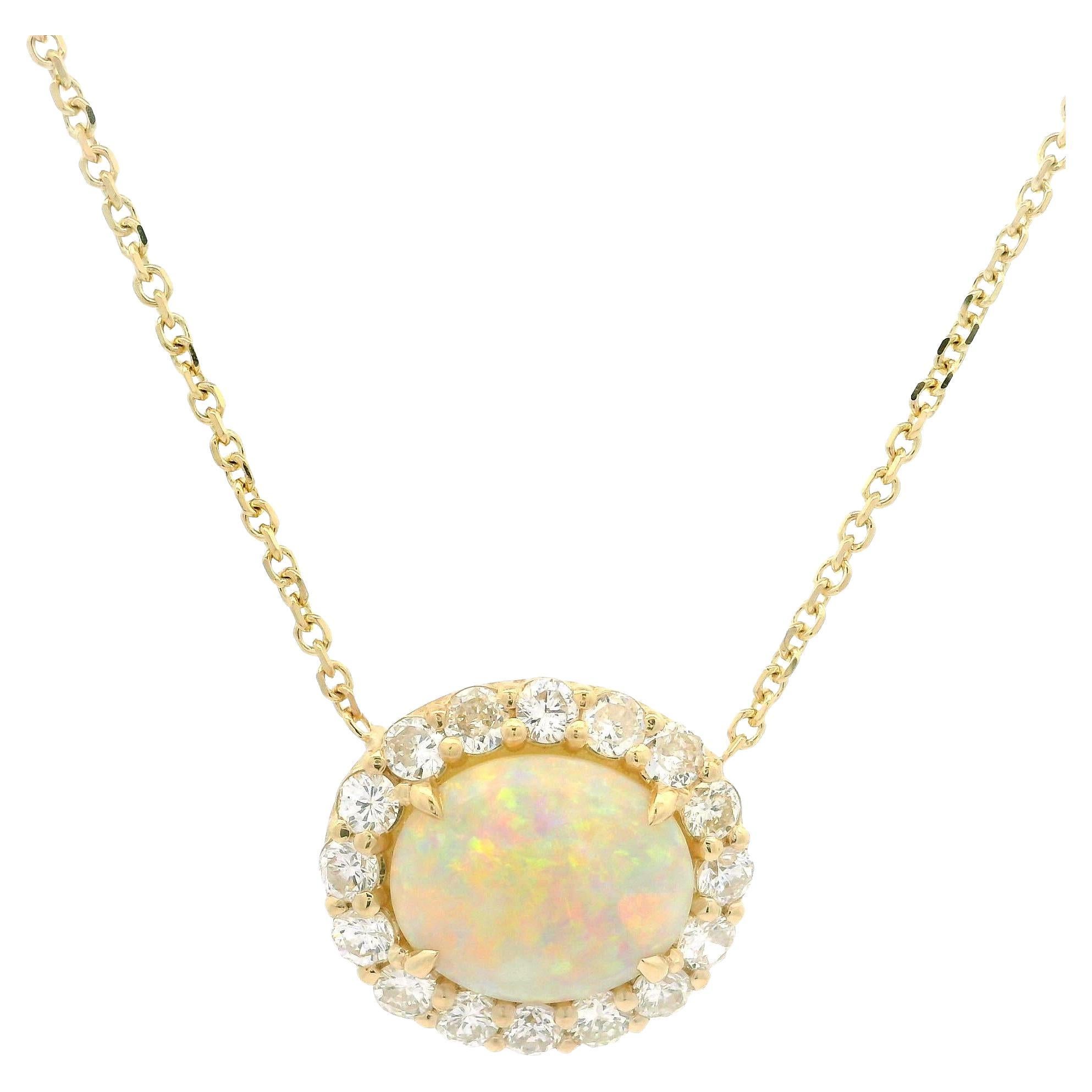 14k Gold 3.95ct Australian Opal Diamond Halo Pendant 18" Cable Link Necklace
