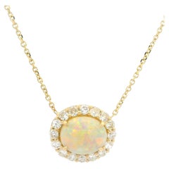 14k Gold 3.95ct Australian Opal Diamond Halo Pendant 18" Cable Link Necklace