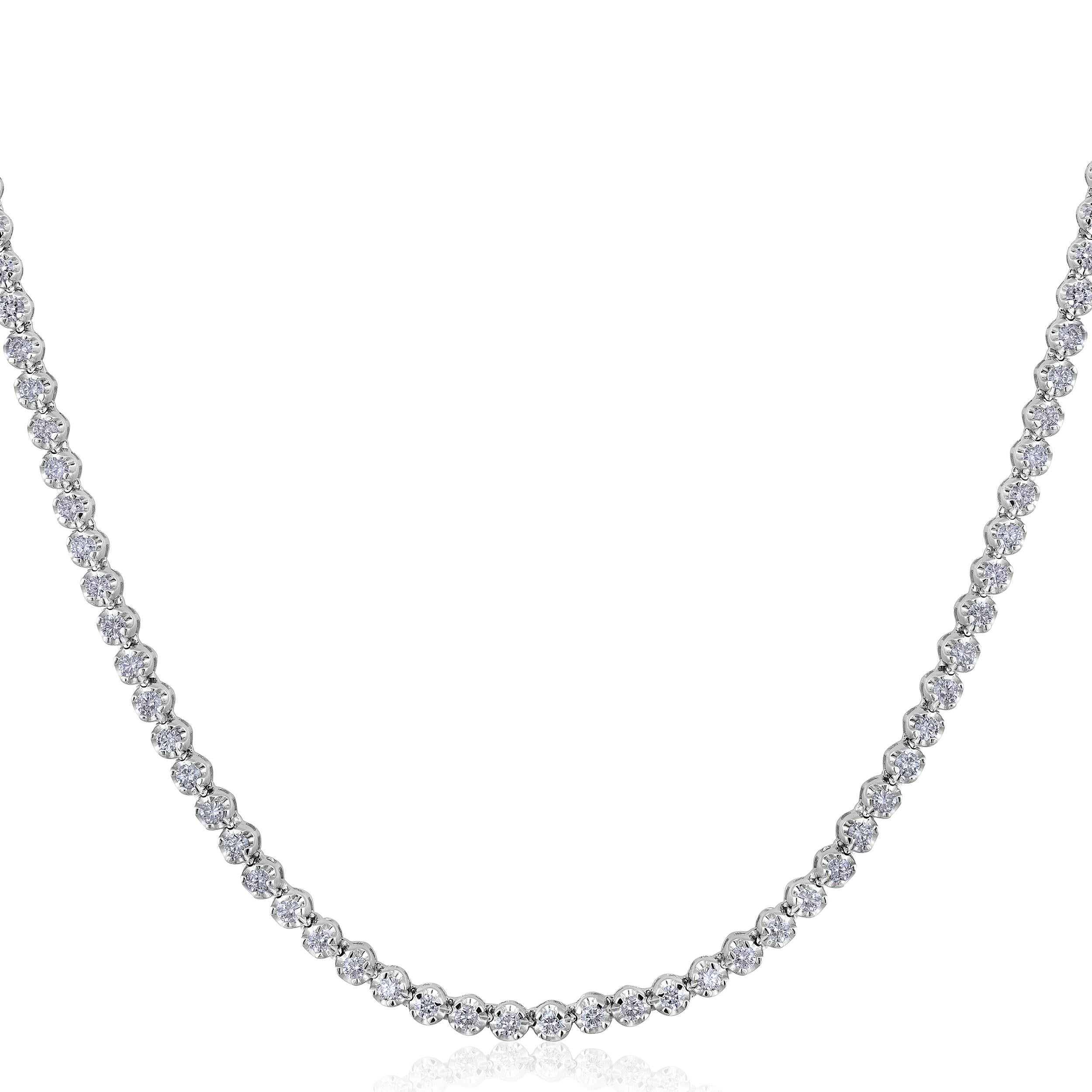 Crafted in 12.4 grams of 14K White Gold, the necklace contains 122 stones of Round Natural Diamonds with a total of 2.99 carat in G-H color and SI clarity. The necklace length is 18 inches.

CONTEMPORARY AND TIMELESS ESSENCE: Crafted in