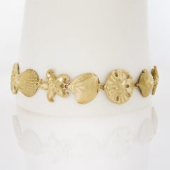 14k Gold 3D Textured Diamond Cut Star Fish Seashell & Sandstar Link Bracelet