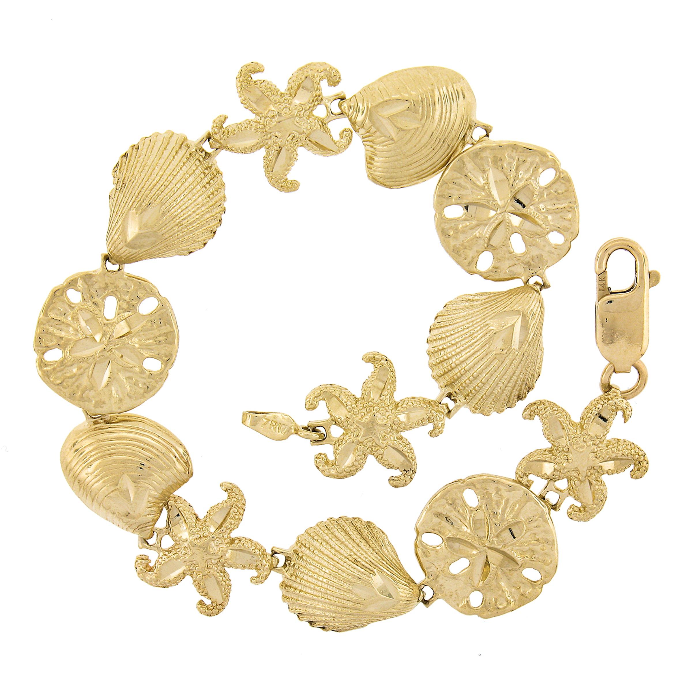 14k Gold 3D Textured Diamond Cut Star Fish Seashell & Sandstar Link Bracelet For Sale 1