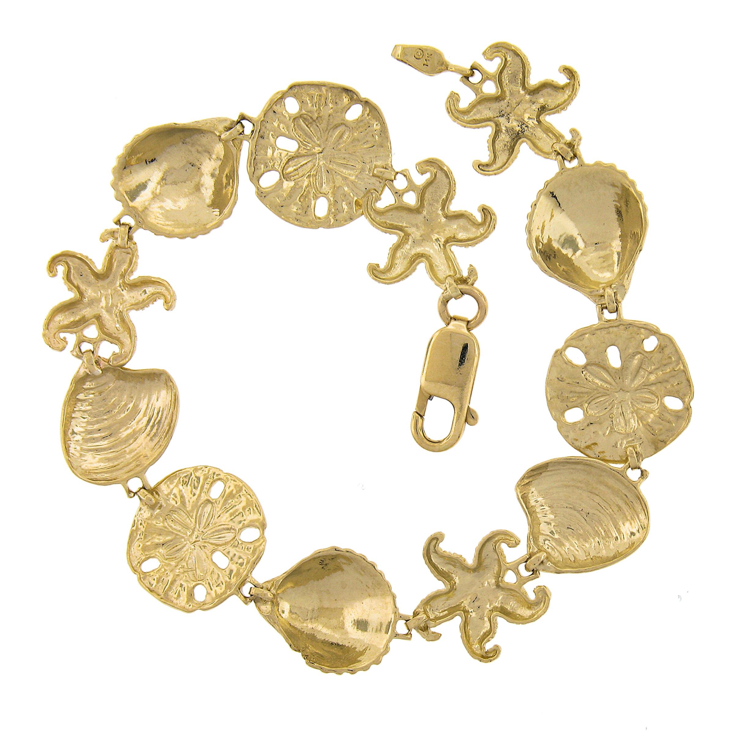 14k Gold 3D Textured Diamond Cut Star Fish Seashell & Sandstar Link Bracelet For Sale 2
