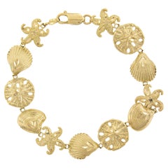 14k Gold 3D Textured Diamond Cut Star Fish Seashell & Sandstar Link Bracelet