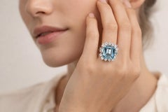 14K Gold 4 Carat Emerald Cut Aquamarine & Natural Diamond Ring