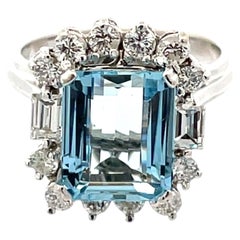 14K Gold 4 Carat Emerald Cut Aquamarine & Natural Diamond Ring