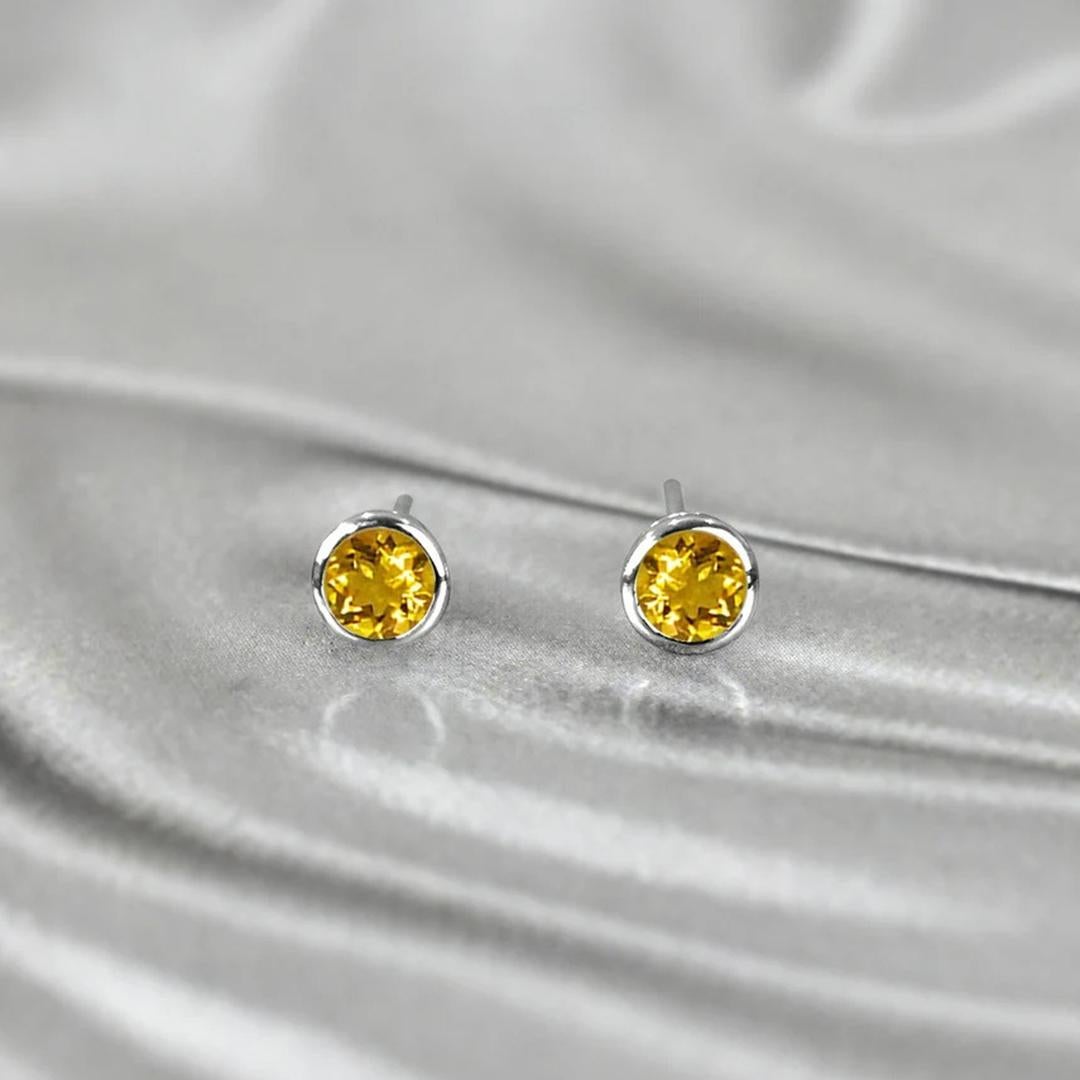 Modern 14K Gold 4 mm Round Gemstone Earrings Birthstone Earrings For Sale