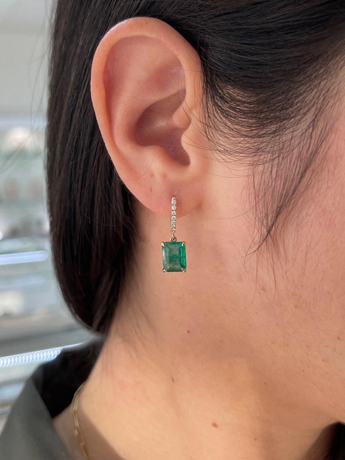 14K Gold 4.40tcw Natural Emerald Cut Emerald & Diamond Accent Huggie Dangle 1