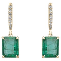 14K Gold 4.40tcw Natural Emerald Cut Emerald & Diamond Accent Huggie Dangle