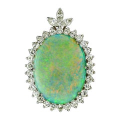 14K Gold 44.35ct GIA Cabochon Fiery Opal Marquise & Round Diamond Large Pendant
