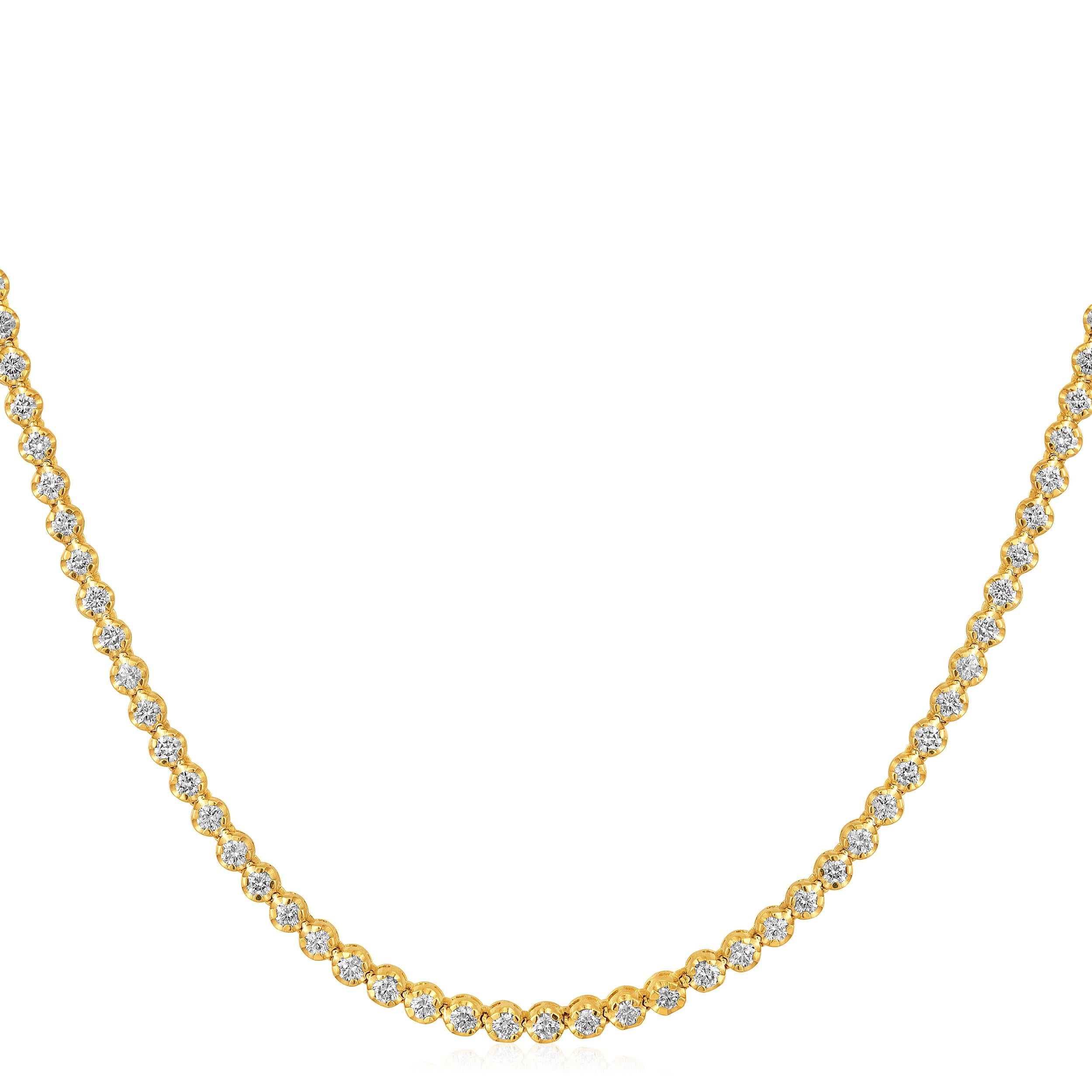 Brilliant Cut 14K Gold 4ct Natural Diamond F-SI 3.15mm Buttercup Tiger Prong Tennis Necklace For Sale