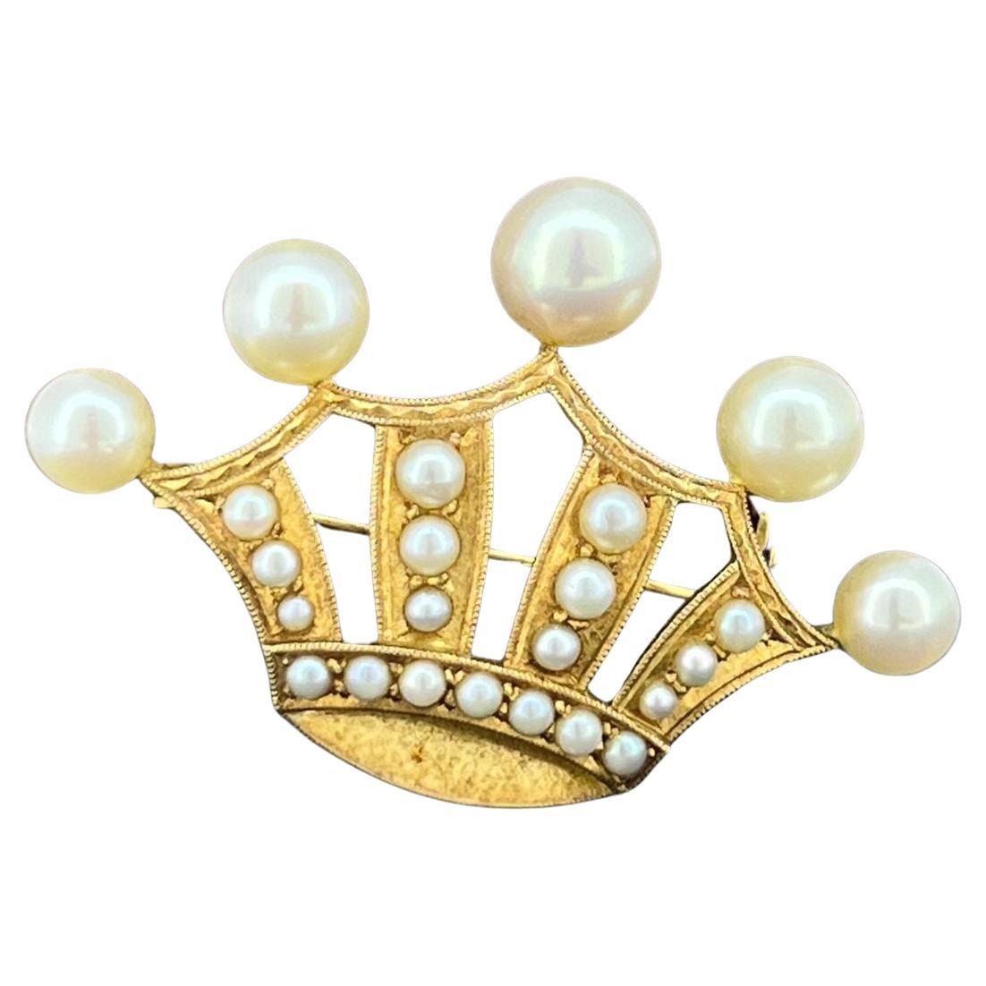 14K Gold 5-Pearl Coronet Brooch, set with Seed Pearls, Retro c1950's . For Sale