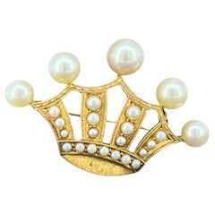 14K Gold 5-Pearl Coronet Brooch, set with Seed Pearls, Retro c1950's .