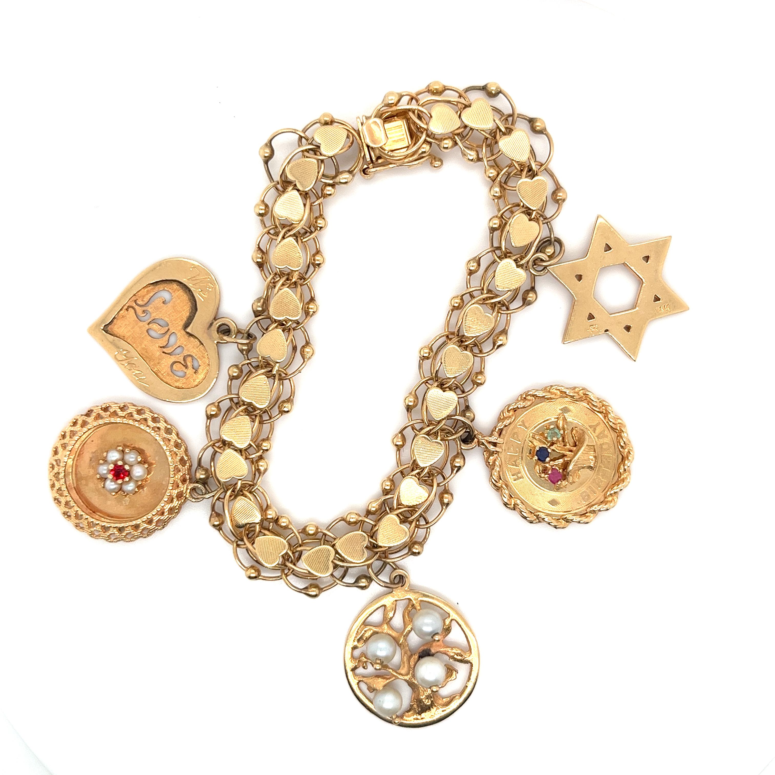 Round Cut 14K Gold 5 Piece Birthday Charm Bracelet
