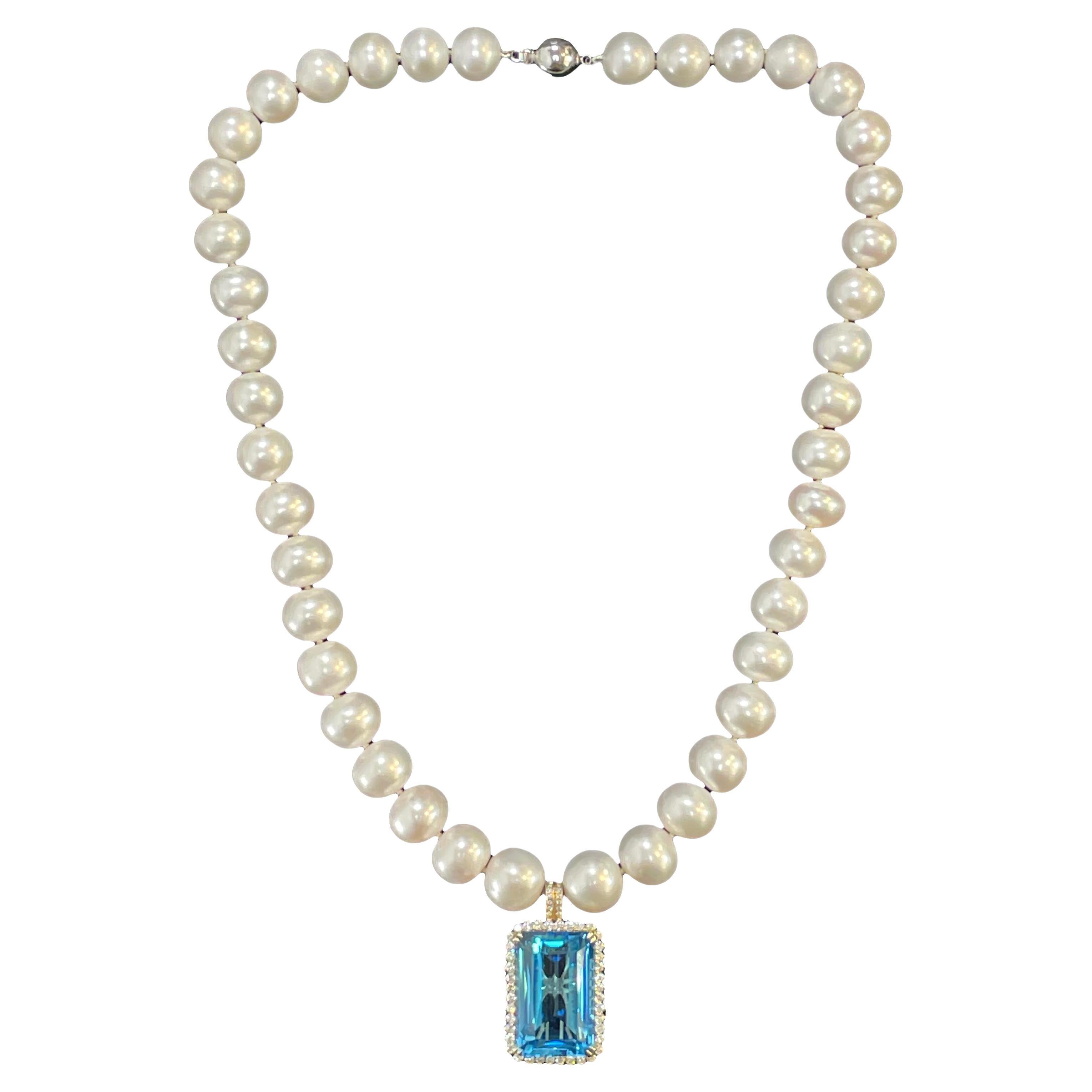 14K Gold 50.25 Carat Blue Topaz & 1.38 CTW Diamond Pendant Pearl Necklace