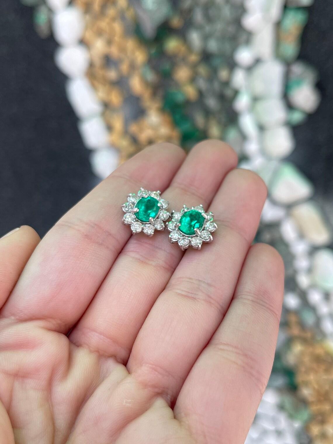 Oval Cut 14K Gold 5.0tcw Rich Green Colombian Emerald Oval & Diamond Halo Stud Earrings For Sale